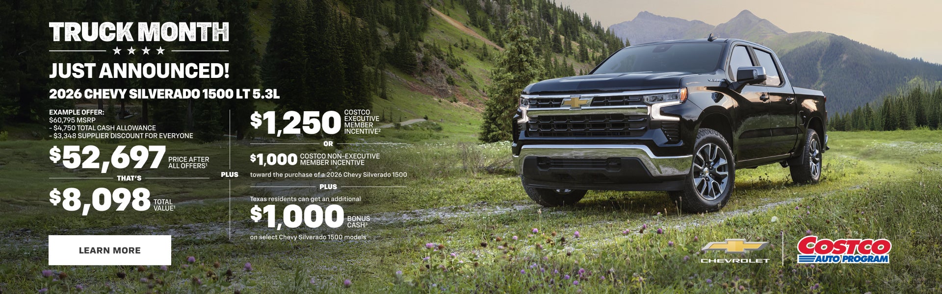 2026 Chevy Silverado 1500 LT 5.3L. Example Offer: $60,795 MSRP - $4,750 Total Cash Allowance - $3...